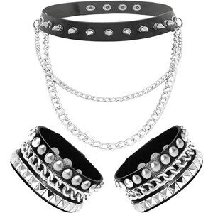 Women's Faux Leather Choker and Bracelets Punk Goth Emo Accessory Set